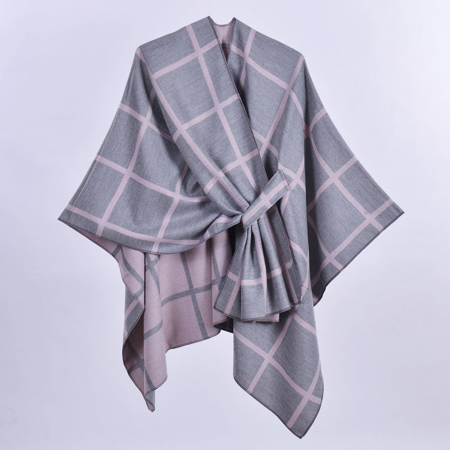 Grey and Pink Elegant Check Knit Travel Shawl with Stylish Side-Slit Design - Fall & Winter Luxurious Cashmere-Feel Pullover Cape (135 x 155 CM)