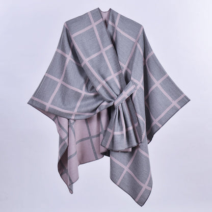 Grey and Pink Elegant Check Knit Travel Shawl with Stylish Side-Slit Design - Fall & Winter Luxurious Cashmere-Feel Pullover Cape (135 x 155 CM)