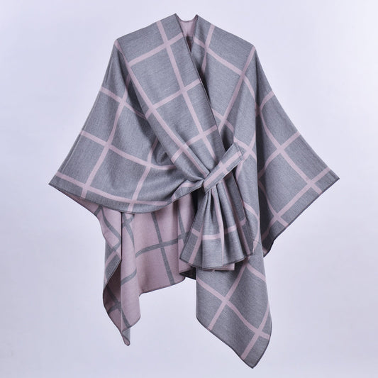 Grey and Pink Elegant Check Knit Travel Shawl with Stylish Side-Slit Design - Fall & Winter Luxurious Cashmere-Feel Pullover Cape (135 x 155 CM)