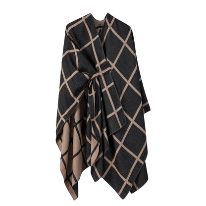 Black and Brown Elegant Check Knit Travel Shawl with Stylish Side-Slit Design - Fall & Winter Luxurious Cashmere-Feel Pullover Cape (135 x 155 CM)