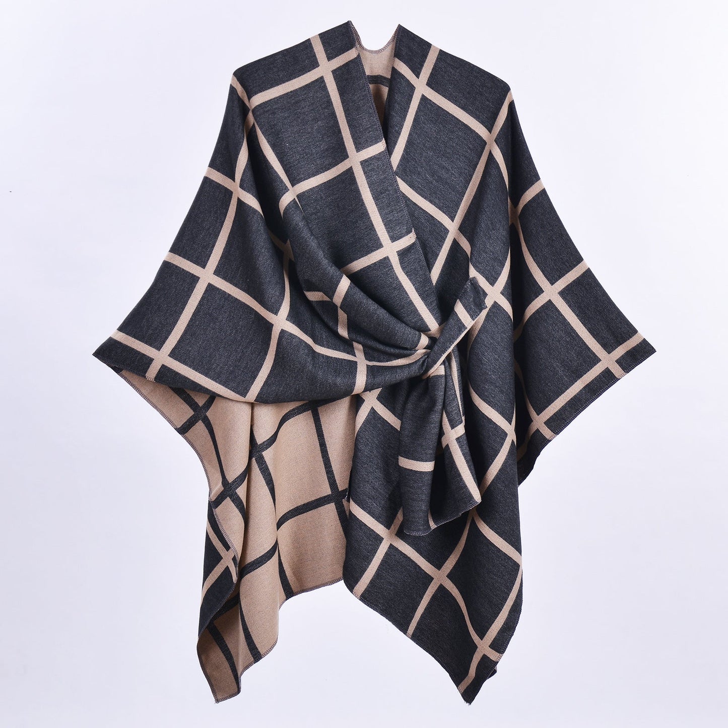 Black and Brown Elegant Check Knit Travel Shawl with Stylish Side-Slit Design - Fall & Winter Luxurious Cashmere-Feel Pullover Cape (135 x 155 CM)