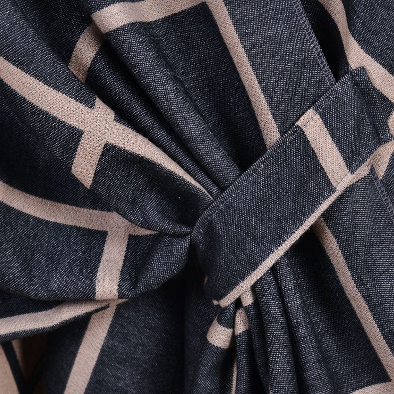 Black and Brown Elegant Check Knit Travel Shawl with Stylish Side-Slit Design - Fall & Winter Luxurious Cashmere-Feel Pullover Cape (135 x 155 CM)
