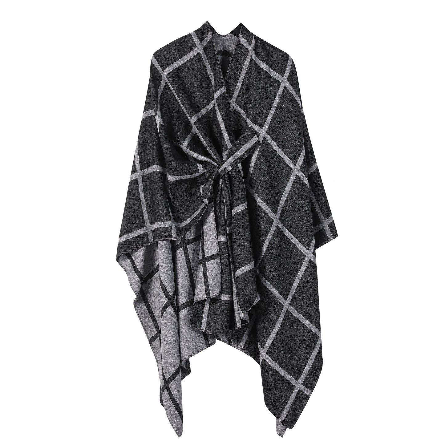 Black and Grey Elegant Check Knit Travel Shawl with Stylish Side-Slit Design - Fall & Winter Luxurious Cashmere-Feel Pullover Cape (135 x 155 CM)