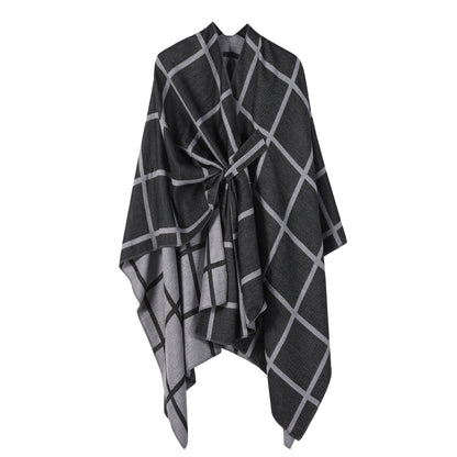 Black and Grey Elegant Check Knit Travel Shawl with Stylish Side-Slit Design - Fall & Winter Luxurious Cashmere-Feel Pullover Cape (135 x 155 CM)