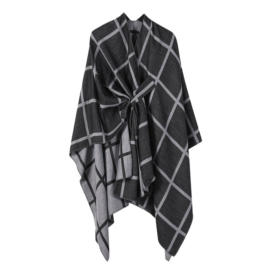 Black and Grey Elegant Check Knit Travel Shawl with Stylish Side-Slit Design - Fall & Winter Luxurious Cashmere-Feel Pullover Cape (135 x 155 CM)