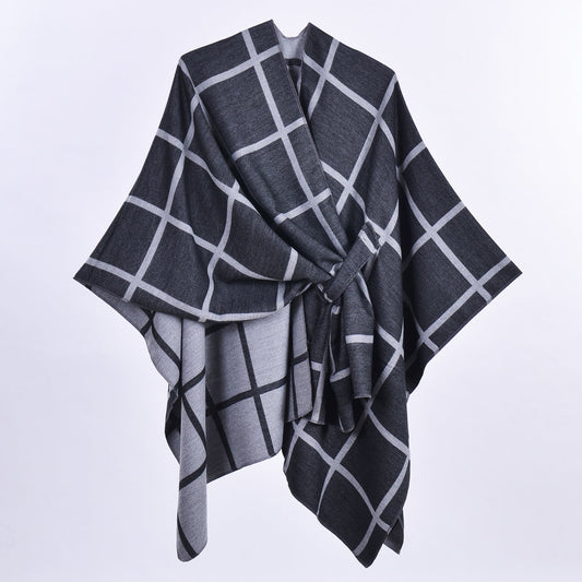 Black and Grey Elegant Check Knit Travel Shawl with Stylish Side-Slit Design - Fall & Winter Luxurious Cashmere-Feel Pullover Cape (135 x 155 CM)