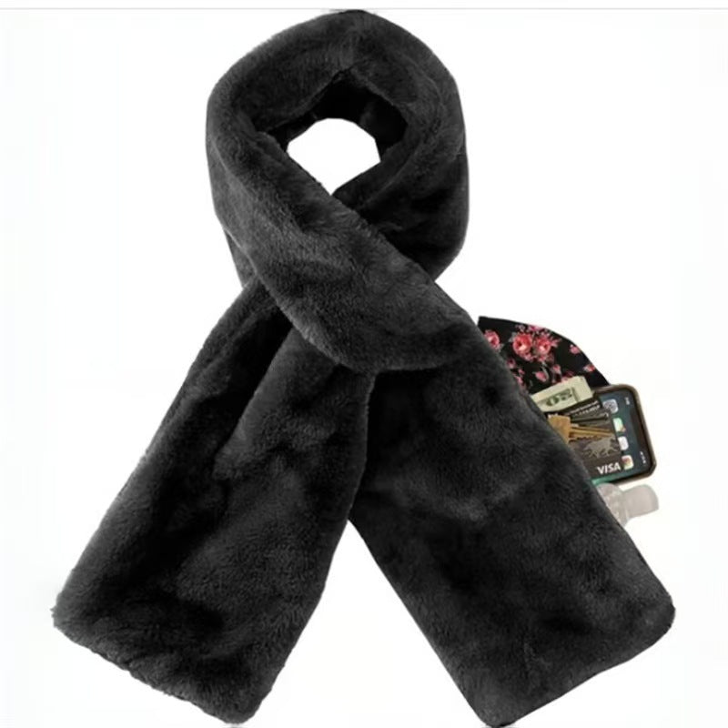 Black Soft Faux Fur Scarf with 15x20CM Hidden Zipper Pocket - Anti-Theft Travel Scarf  for Phone, Passport and Essentials