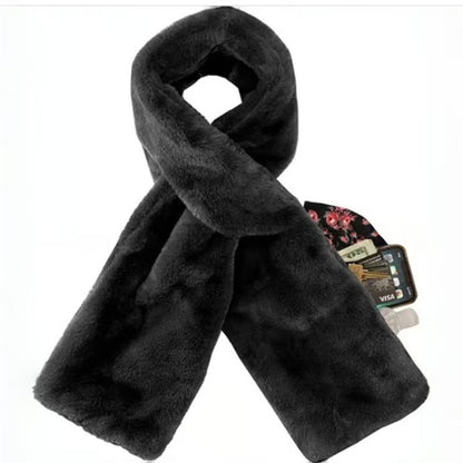 Black Soft Faux Fur Scarf with 15x20CM Hidden Zipper Pocket - Anti-Theft Travel Scarf  for Phone, Passport and Essentials