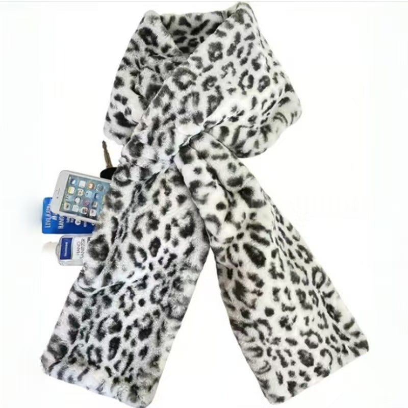 Leopard Print Soft Faux Fur Scarf with 15x20CM Hidden Zipper Pocket - Anti-Theft Travel Scarf  for Phone, Passport and Essentials
