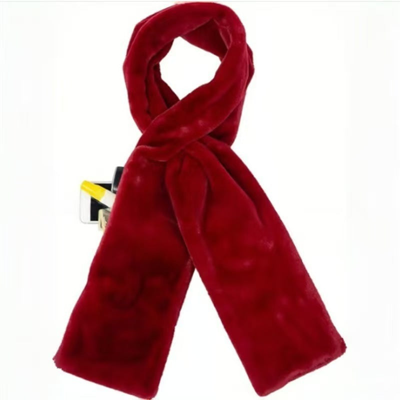Red Soft Faux Fur Scarf with 15x20CM Hidden Zipper Pocket - Anti-Theft Travel Scarf  for Phone, Passport and Essentials