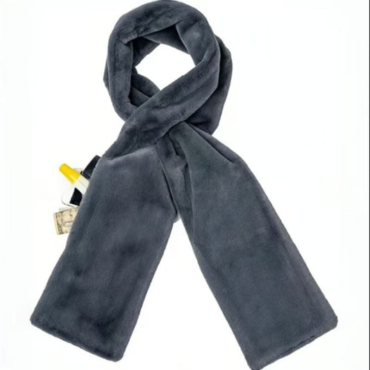 Grey Soft Faux Fur Scarf with 15x20CM Hidden Zipper Pocket - Anti-Theft Travel Scarf  for Phone, Passport and Essentials