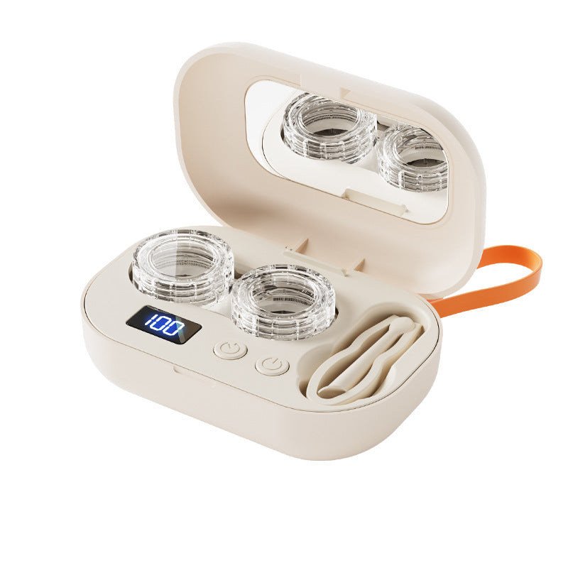 Smart High-Frequency Ultrasonic Contact Lens Cleaner with Digital Display & 4 Level Timer - Portable 3D Suspension Deep Cleaning Machine Integrated Makeup Mirror & Tool Kit