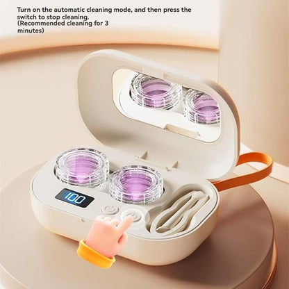 Smart High-Frequency Ultrasonic Contact Lens Cleaner with Digital Display & 4 Level Timer - Portable 3D Suspension Deep Cleaning Machine Integrated Makeup Mirror & Tool Kit