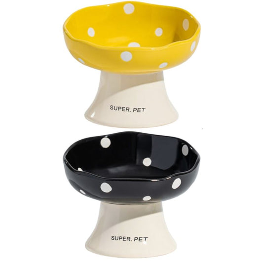 Yellow and Black Elevated 15Â° Tilted Ceramic Cat Bowl - Anti-Chin Acne Glaze Finish, Non-Slip Weighted Base & Neck Protection Pet Feeder