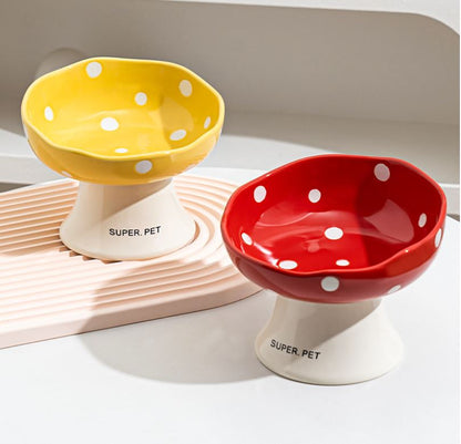 Red and Yellow Elevated 15Â° Tilted Ceramic Cat Bowl - Anti-Chin Acne Glaze Finish, Non-Slip Weighted Base & Neck Protection Pet Feeder
