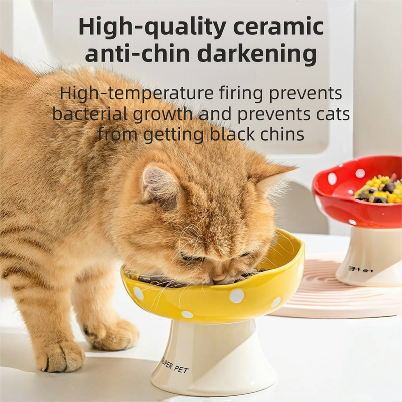 Red and Yellow Elevated 15Â° Tilted Ceramic Cat Bowl - Anti-Chin Acne Glaze Finish, Non-Slip Weighted Base & Neck Protection Pet Feeder