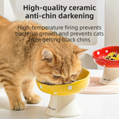 Red and Yellow Elevated 15Â° Tilted Ceramic Cat Bowl - Anti-Chin Acne Glaze Finish, Non-Slip Weighted Base & Neck Protection Pet Feeder