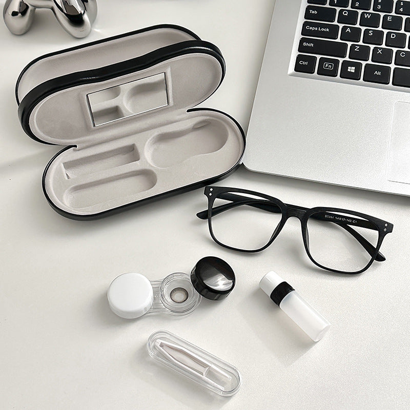 Black Leather Dual-Layer Eyewear Case with Mirror & Lens Care Kit - Rigid Travel Organizer for Glasses and Contact Lenses