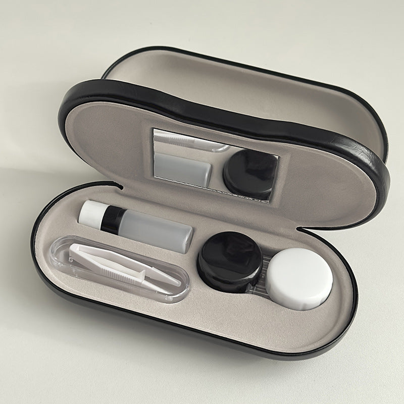 Black Leather Dual-Layer Eyewear Case with Mirror & Lens Care Kit - Rigid Travel Organizer for Glasses and Contact Lenses