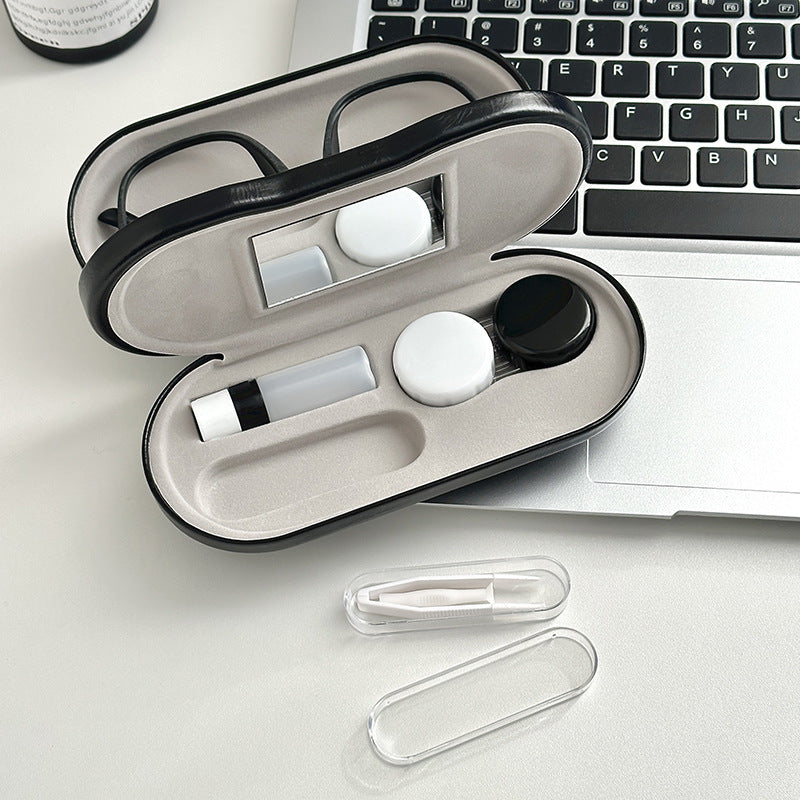 Black Leather Dual-Layer Eyewear Case with Mirror & Lens Care Kit - Rigid Travel Organizer for Glasses and Contact Lenses