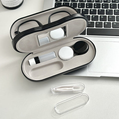 Black Leather Dual-Layer Eyewear Case with Mirror & Lens Care Kit - Rigid Travel Organizer for Glasses and Contact Lenses
