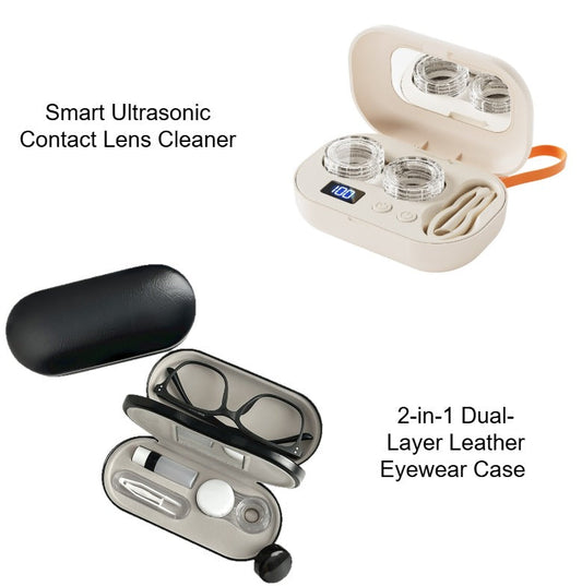 Premium Eye Care Travel Set: 2-in-1 Black Dual-Layer Leather Eyewear Case and Smart Ultrasonic Contact Lens Cleaner with Mirror & Lens Care Kit