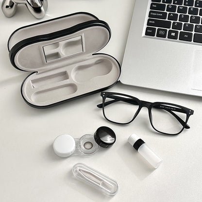 Premium Eye Care Travel Set: 2-in-1 Black Dual-Layer Leather Eyewear Case and Smart Ultrasonic Contact Lens Cleaner with Mirror & Lens Care Kit