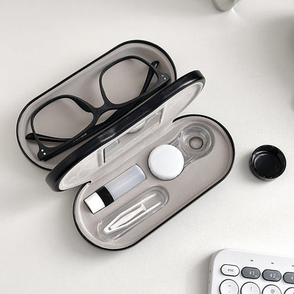 Premium Eye Care Travel Set: 2-in-1 Black Dual-Layer Leather Eyewear Case and Smart Ultrasonic Contact Lens Cleaner with Mirror & Lens Care Kit