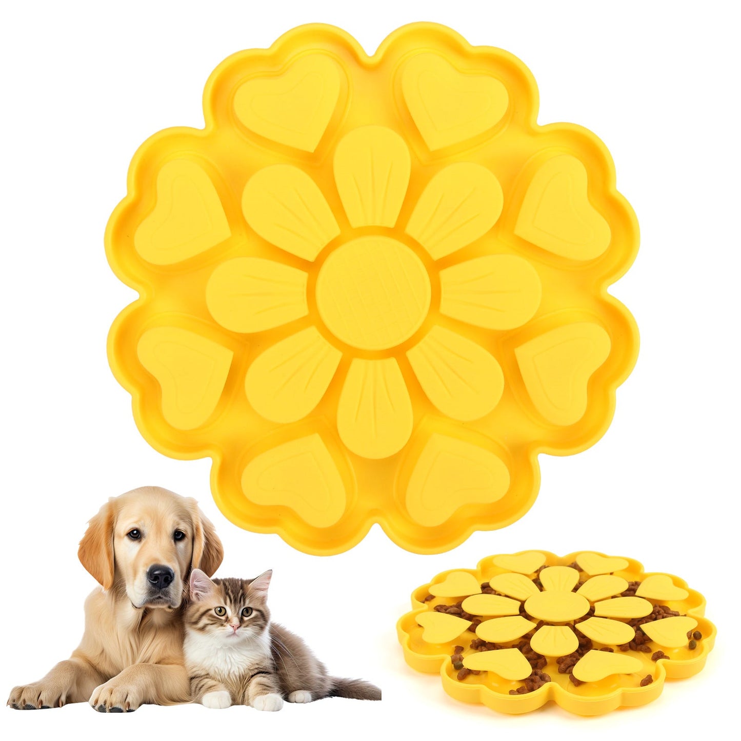 Yellow 4-in-1 Textured Silicone Pet Lick Mat & Slow Feeder - Anti-Anxiety Calming Pad with Back Suction Cups