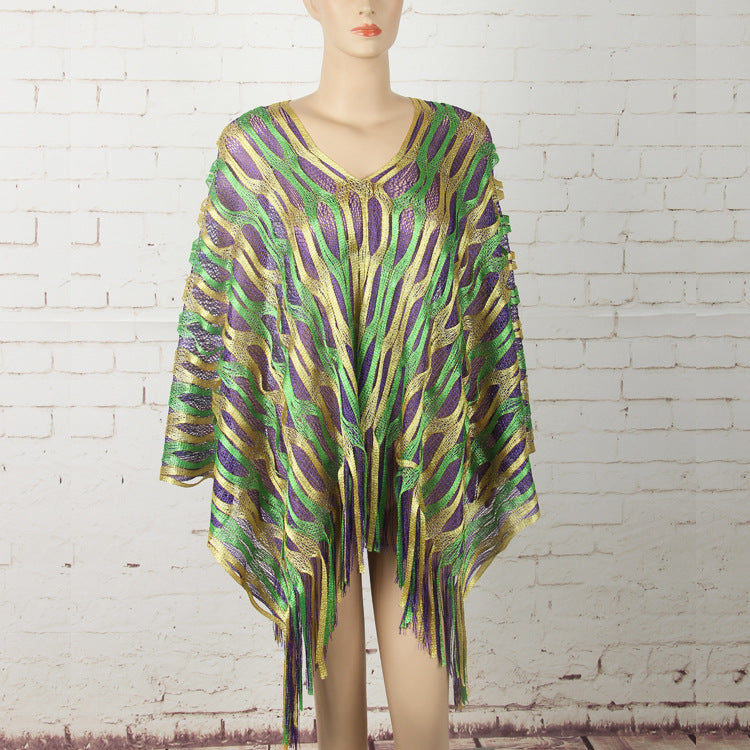 Green Boho Hollow-Out Wave Poncho Shawl with Tassel Hem - Elegant Dual-Tone Color Block Oversized Wrap for Fall & Winter Layering