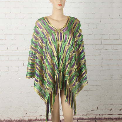 Green Boho Hollow-Out Wave Poncho Shawl with Tassel Hem - Elegant Dual-Tone Color Block Oversized Wrap for Fall & Winter Layering