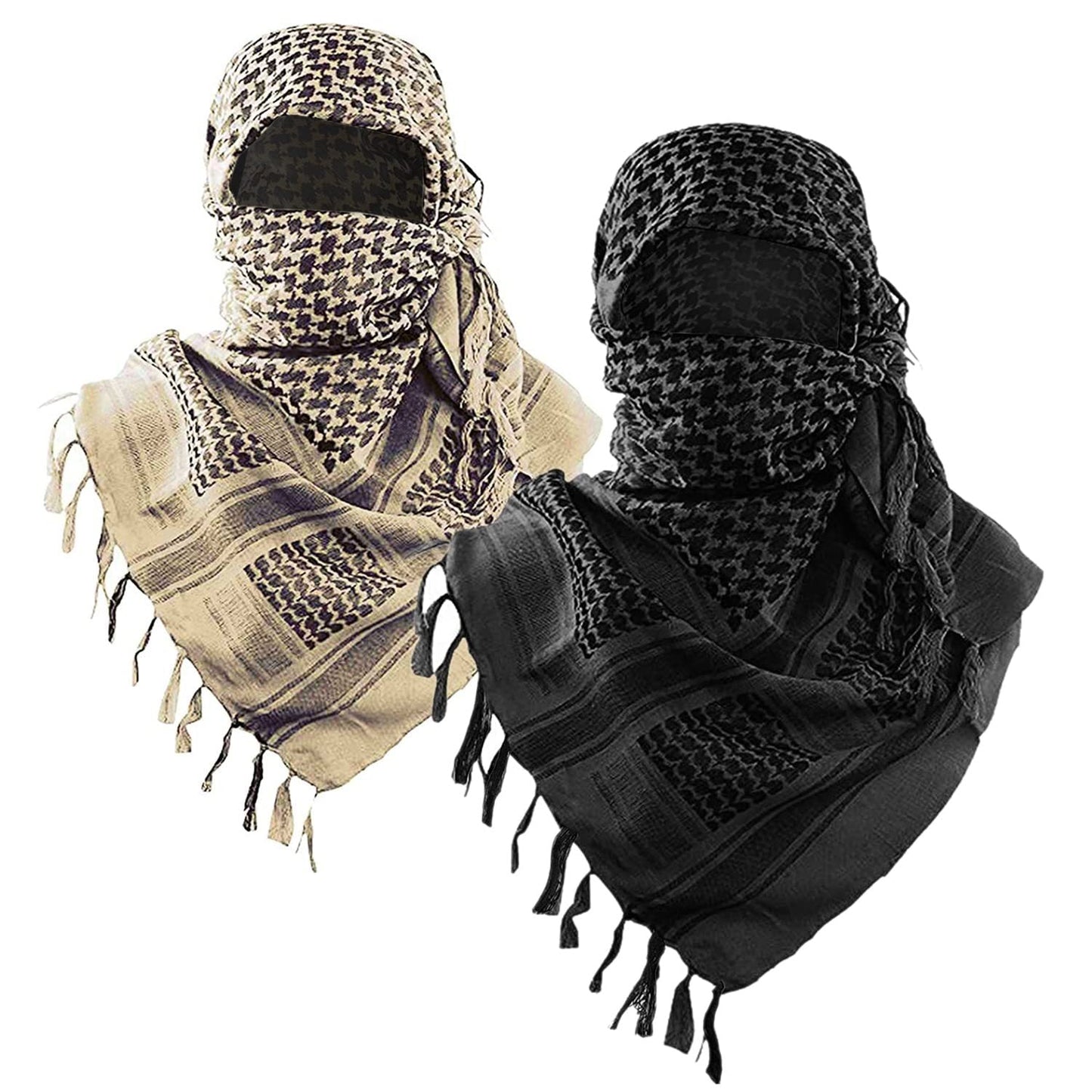 2-Pack 110x110CM Military Shemagh Cotton Tactical Desert Scarf (Black + Khaki) - Versatile Protective Face Mask and Head Wrap for Motorcycling, Paintball & Outdoors
