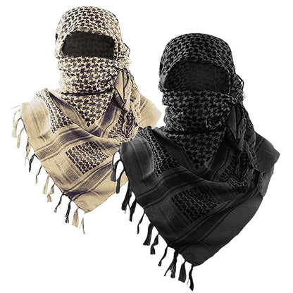 2-Pack 110x110CM Military Shemagh Cotton Tactical Desert Scarf (Black + Khaki) - Versatile Protective Face Mask and Head Wrap for Motorcycling, Paintball & Outdoors