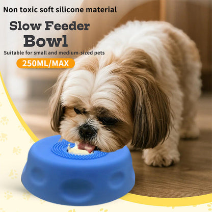 Yellow Silicone Dog Liquid Lick Bowl with Floating Fun Ball - Interactive Slow Feeder & Anti-Slip Calming Pet Bowl for Dogs and Cats
