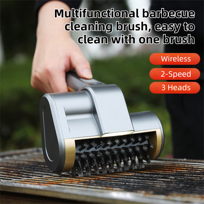3-in-1 Gold Cordless Electric Grill Cleaner Built-in LED & USB Charging - Waterproof High Power BBQ Cleaning Brush with 2-Speed Setting