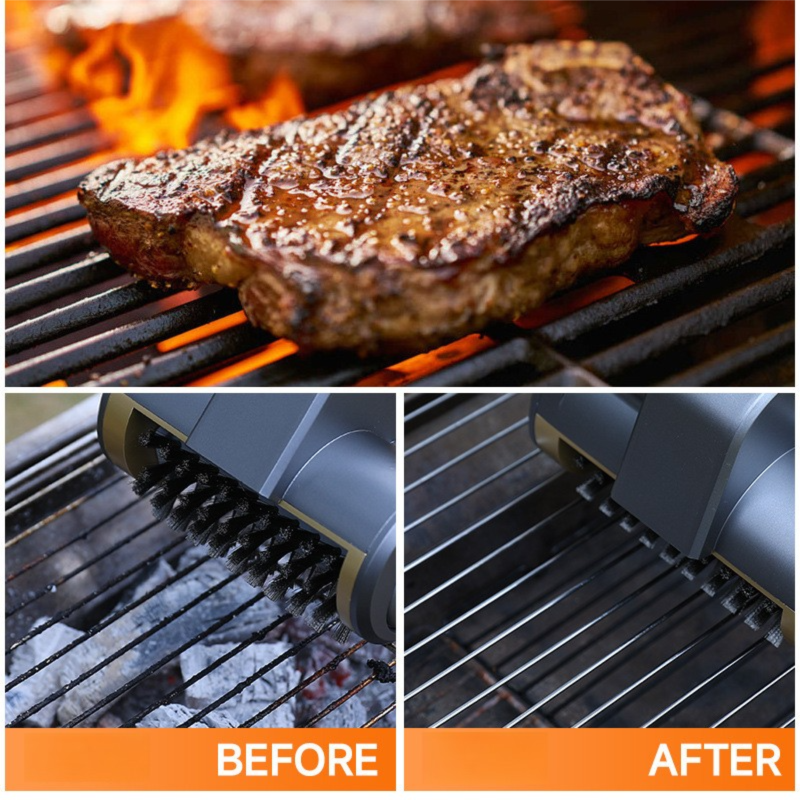 3-in-1 Gold Cordless Electric Grill Cleaner Built-in LED & USB Charging - Waterproof High Power BBQ Cleaning Brush with 2-Speed Setting