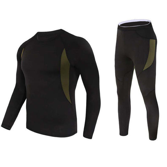 L Size Black Men's Tactical 4-Way Stretch Fleece Lined Thermal Underwear Set - Winter Sweat-Wicking & Breathable Sportswear for Training & Outdoors