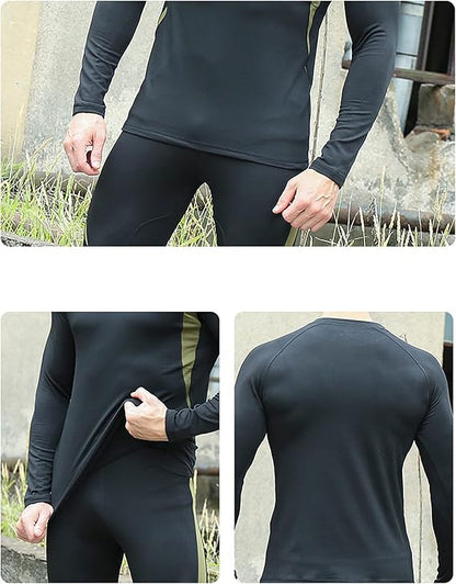 XL Size Black Men's Tactical 4-Way Stretch Fleece Lined Thermal Underwear Set - Winter Sweat-Wicking & Breathable Sportswear for Training & Outdoors