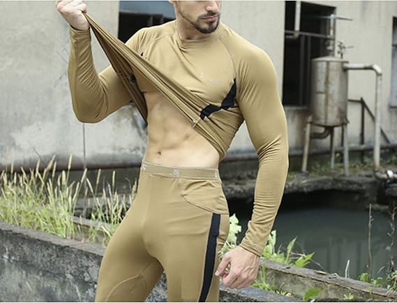 L Size Green Men's Tactical 4-Way Stretch Fleece Lined Thermal Underwear Set - Winter Sweat-Wicking & Breathable Sportswear for Training & Outdoors
