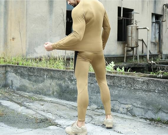 M Size Khaki Men's Tactical 4-Way Stretch Fleece Lined Thermal Underwear Set - Winter Sweat-Wicking & Breathable Sportswear for Training & Outdoors