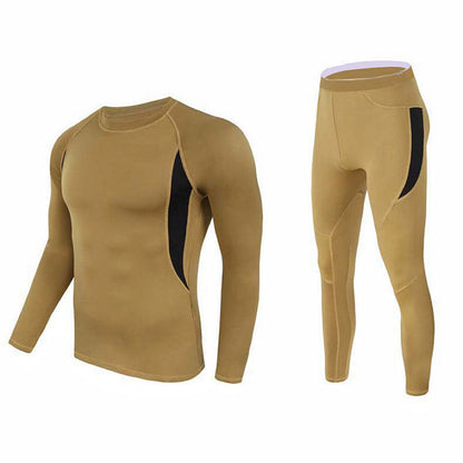 XL Size Khaki Men's Tactical 4-Way Stretch Fleece Lined Thermal Underwear Set - Winter Sweat-Wicking & Breathable Sportswear for Training & Outdoors