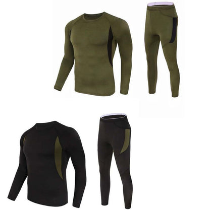 2-Pack L Size Men's Tactical 4-Way Stretch Fleece Lined Thermal Underwear Set(Black + Green) - Winter Sweat-Wicking & Breathable Sportswear for Training & Outdoors