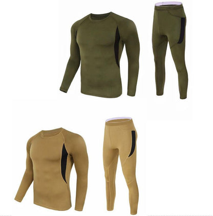 2-Pack M Size Men's Tactical 4-Way Stretch Fleece Lined Thermal Underwear Set(Khaki + Green) - Winter Sweat-Wicking & Breathable Sportswear for Training & Outdoors