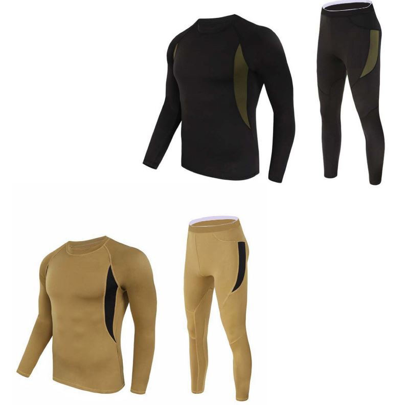 2-Pack XL Size Men's Tactical 4-Way Stretch Fleece Lined Thermal Underwear Set(Black + Khaki) - Winter Sweat-Wicking & Breathable Sportswear for Training & Outdoors