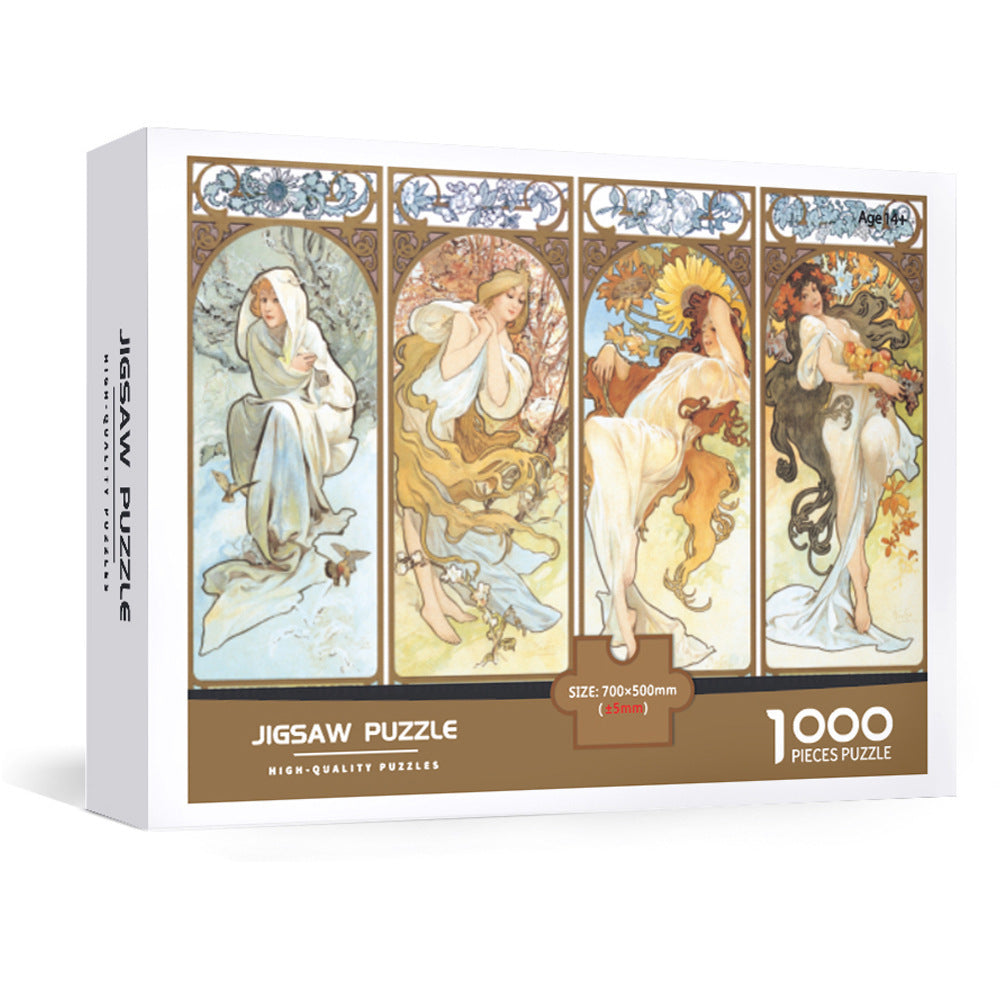 1000-Piece Large Jigsaw Puzzles with 70x50CM Display (Four Seasons Theme) - 6 LetterAlphabetical Zone Partitioning, Stress-Relief Educational Toy for Teens & Adults