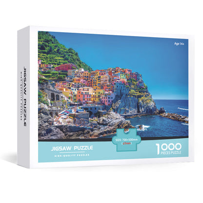 1000-Piece Large Jigsaw Puzzles with 70x50CM Display (Italy Cinque Terre Theme) - 6 LetterAlphabetical Zone Partitioning, Stress-Relief Educational Toy for Teens & Adults
