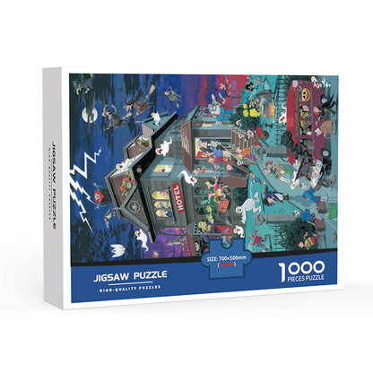 1000-Piece Large Jigsaw Puzzles with 70x50CM Display (Halloween Spooktacular Theme) - 6 LetterAlphabetical Zone Partitioning, Stress-Relief Educational Toy for Teens & Adults