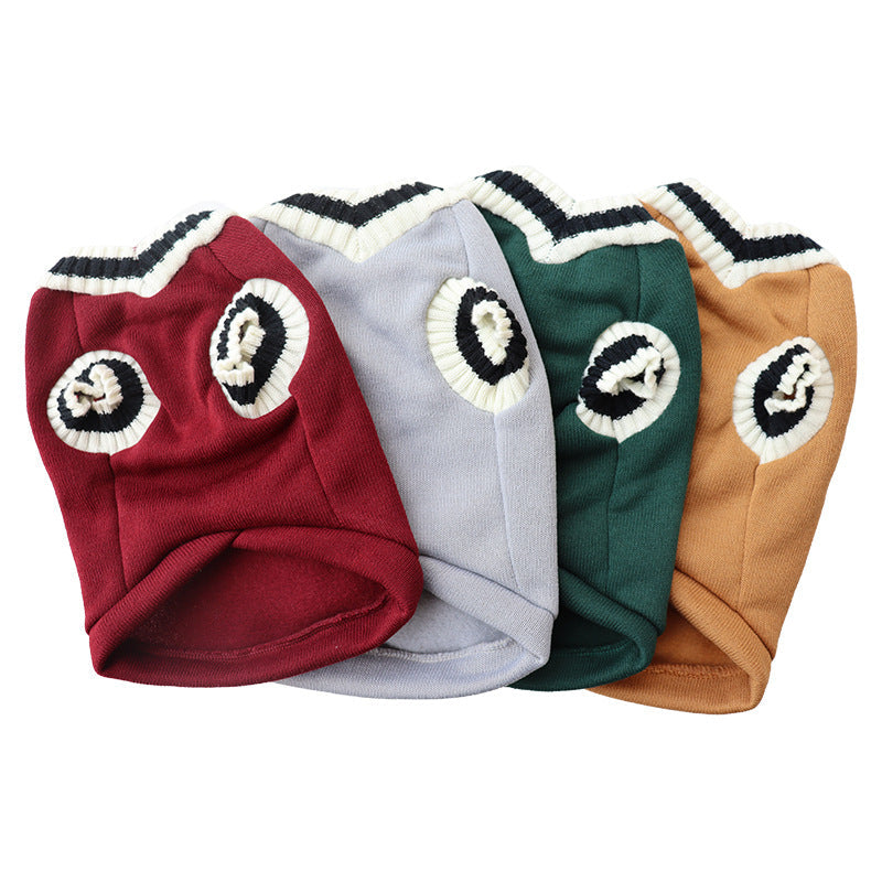 4-Pack S Size Preppy Style V-Neck Knitted Cotton Pet Sweater - Hair-Resistant & Breathable, Classic Fleece-Lined Pullover for Cats and Dogs(Green + Red + Khaki + Grey)
