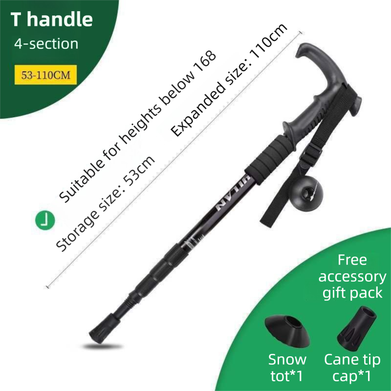 53-110 CM Black Ultralight Telescopic Aluminum Trekking Pole (4-Section T-Handle) - Professional & Compact Shock-Absorbing Trail Support