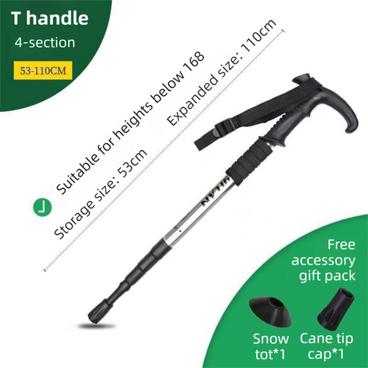 53-110 CM Silver Ultralight Telescopic Aluminum Trekking Pole (4-Section T-Handle) - Professional & Compact Shock-Absorbing Trail Support